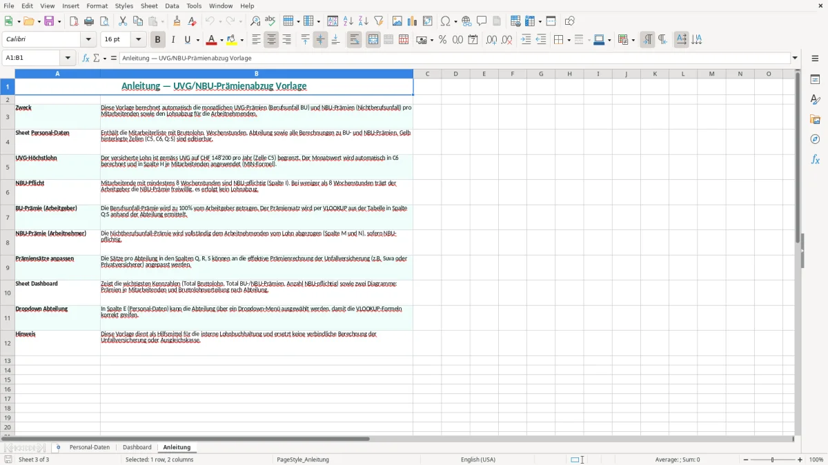 Screenshot 3: Blatt Anleitung - Excel-Vorlage UVG- und NBU-Prämienabzug Excel Vorlage Schweiz