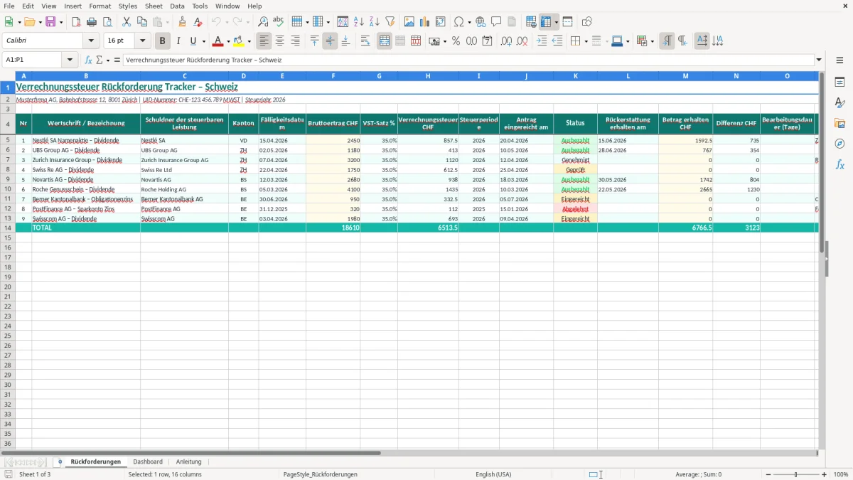 Screenshot 1: Blatt Rückforderungen - Excel-Vorlage Verrechnungssteuer Rückforderung Excel Tracker Schweiz