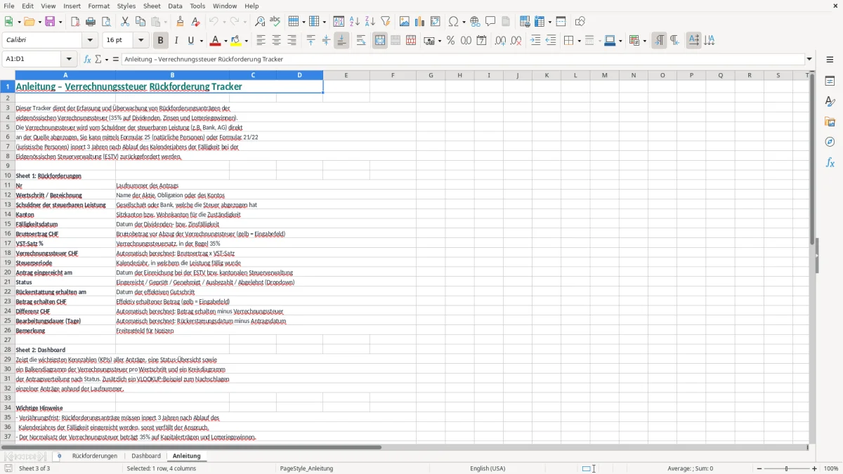 Screenshot 3: Blatt Anleitung - Excel-Vorlage Verrechnungssteuer Rückforderung Excel Tracker Schweiz