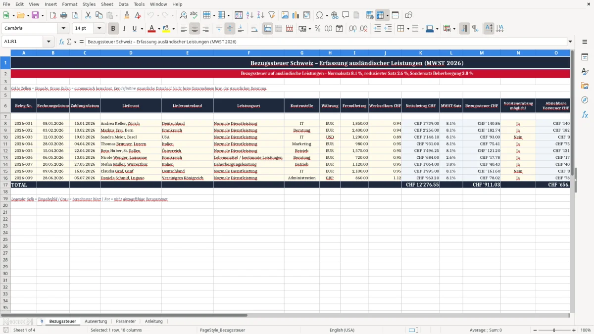 Screenshot 1: Blatt Bezugssteuer - Excel-Vorlage Bezugssteuer Berechnung Excel Vorlage Schweiz