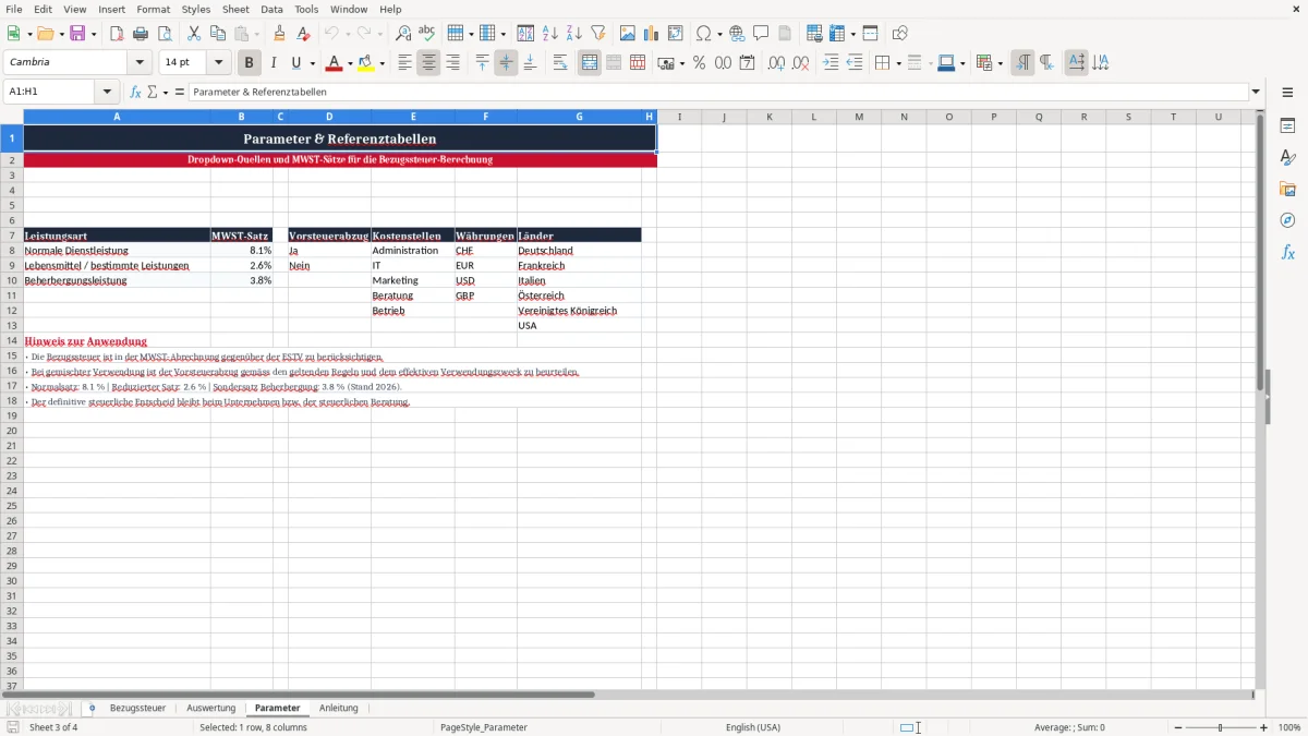 Screenshot 3: Blatt Parameter - Excel-Vorlage Bezugssteuer Berechnung Excel Vorlage Schweiz