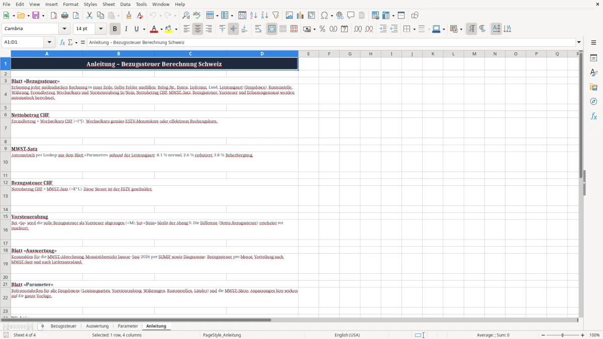 Screenshot 4: Blatt Anleitung - Excel-Vorlage Bezugssteuer Berechnung Excel Vorlage Schweiz