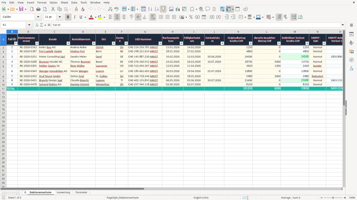 Screenshot 1: Blatt Debitorenverluste - Excel-Vorlage Debitorenverluste MWST Excel Vorlage Schweiz