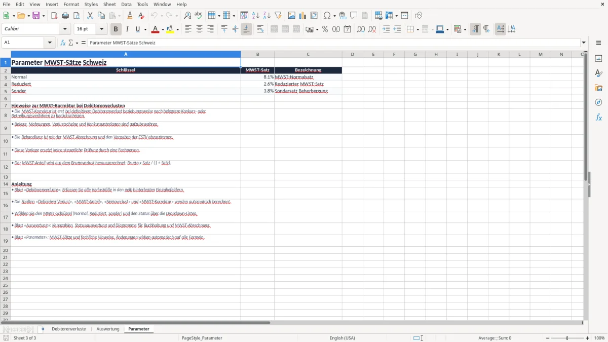 Screenshot 3: Blatt Parameter - Excel-Vorlage Debitorenverluste MWST Excel Vorlage Schweiz