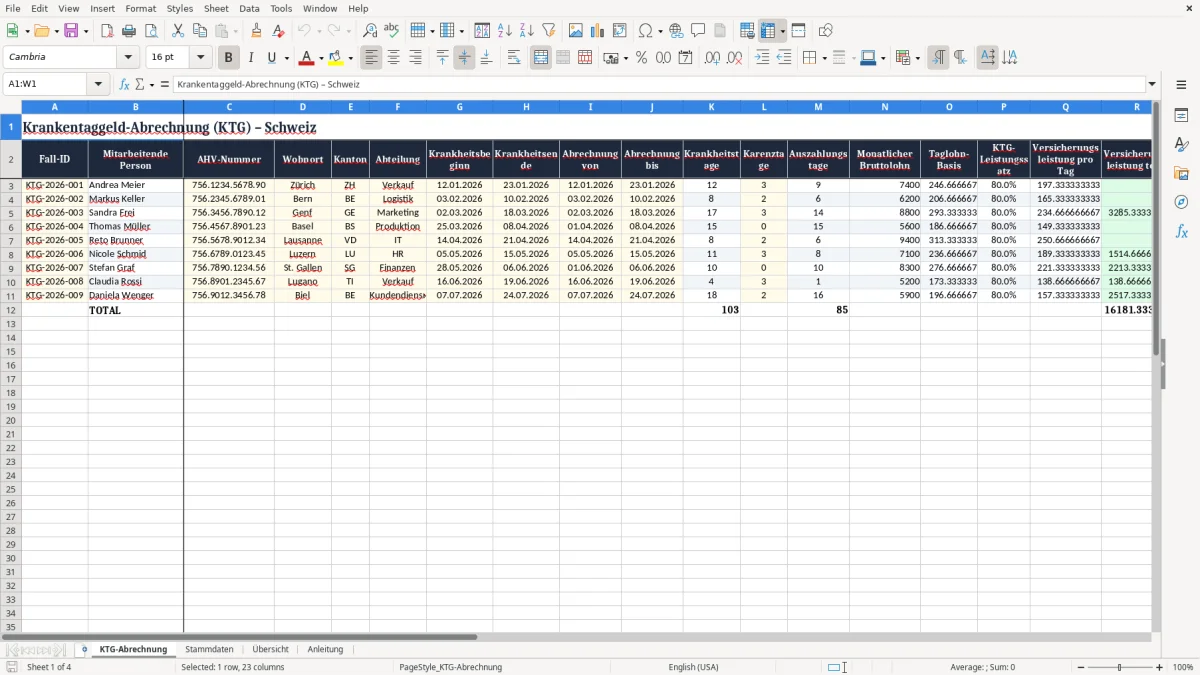 Screenshot 1: Blatt KTG-Abrechnung - Excel-Vorlage Krankentaggeld Abrechnung Excel Vorlage Schweiz