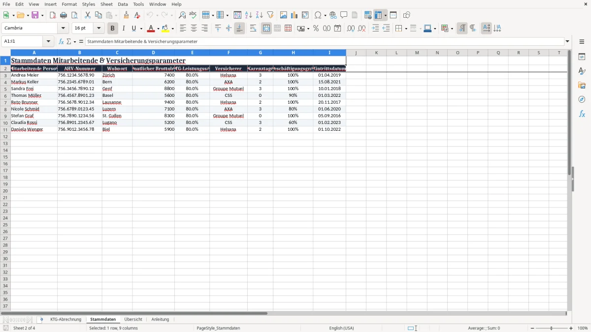 Screenshot 2: Blatt Stammdaten - Excel-Vorlage Krankentaggeld Abrechnung Excel Vorlage Schweiz