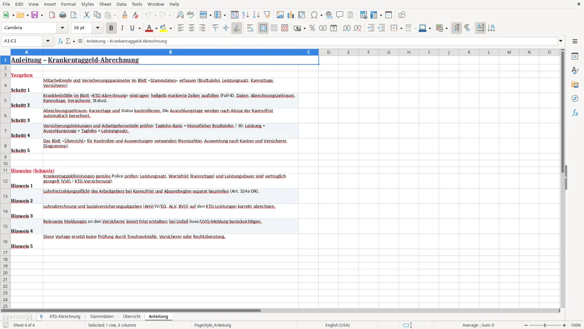 Screenshot 4: Blatt Anleitung - Excel-Vorlage Krankentaggeld Abrechnung Excel Vorlage Schweiz