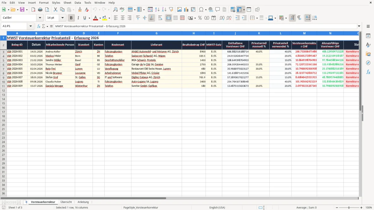 Screenshot 1: Blatt Vorsteuerkorrektur - Excel-Vorlage MWST Vorsteuerkorrektur Privatanteil Excel Schweiz