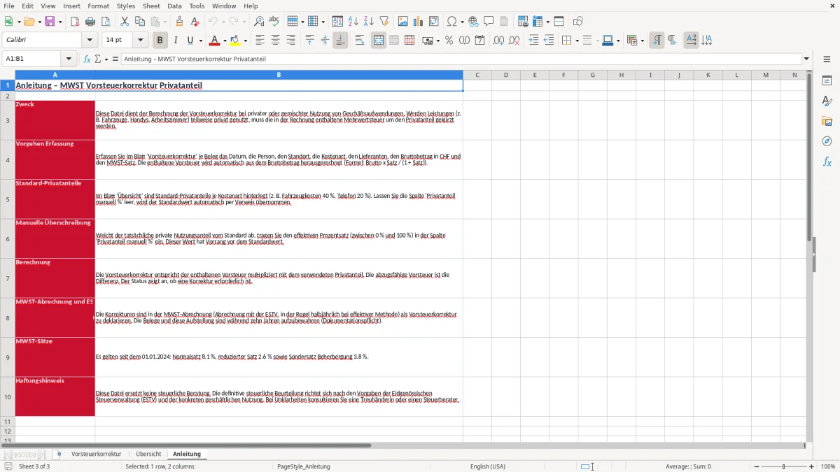 Screenshot 3: Blatt Anleitung - Excel-Vorlage MWST Vorsteuerkorrektur Privatanteil Excel Schweiz