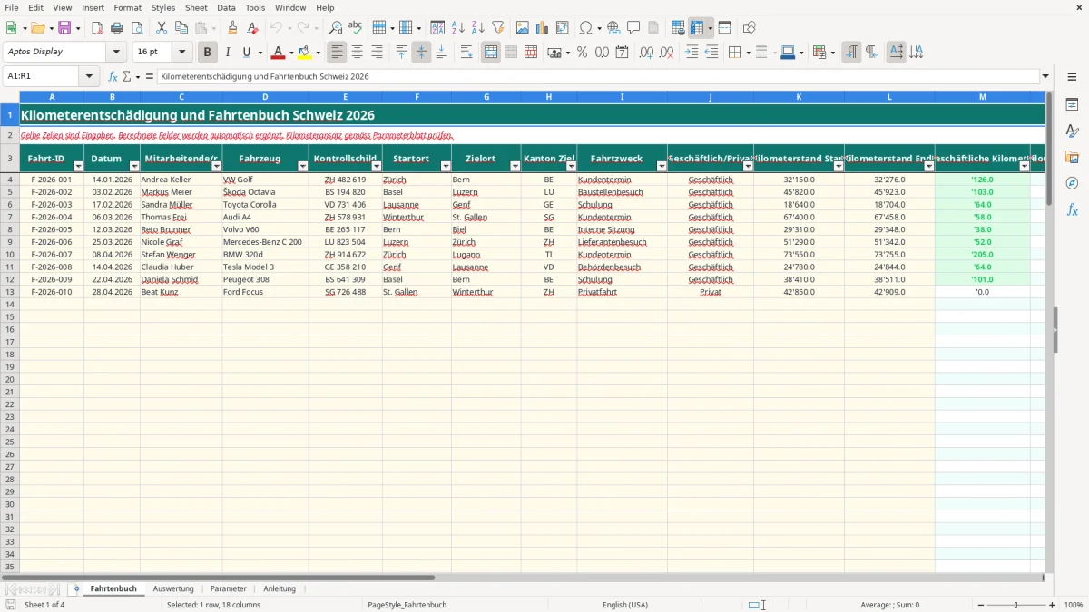 Screenshot 1: Blatt Fahrtenbuch - Excel-Vorlage kilometerentschädigung fahrtenbuch excel vorlage schweiz 2026