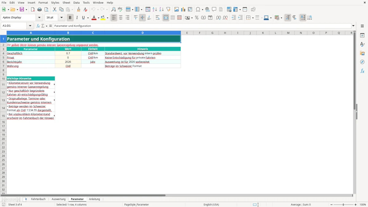 Screenshot 3: Blatt Parameter - Excel-Vorlage kilometerentschädigung fahrtenbuch excel vorlage schweiz 2026