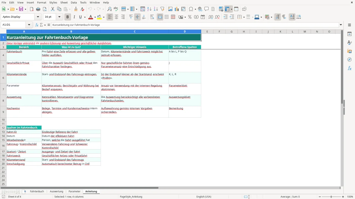 Screenshot 4: Blatt Anleitung - Excel-Vorlage kilometerentschädigung fahrtenbuch excel vorlage schweiz 2026