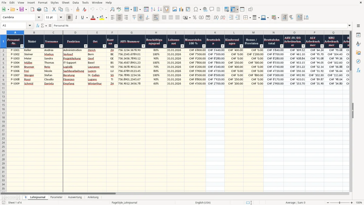 Screenshot 1: Blatt Lohnjournal - Excel-Vorlage lohnjournal excel vorlage schweiz