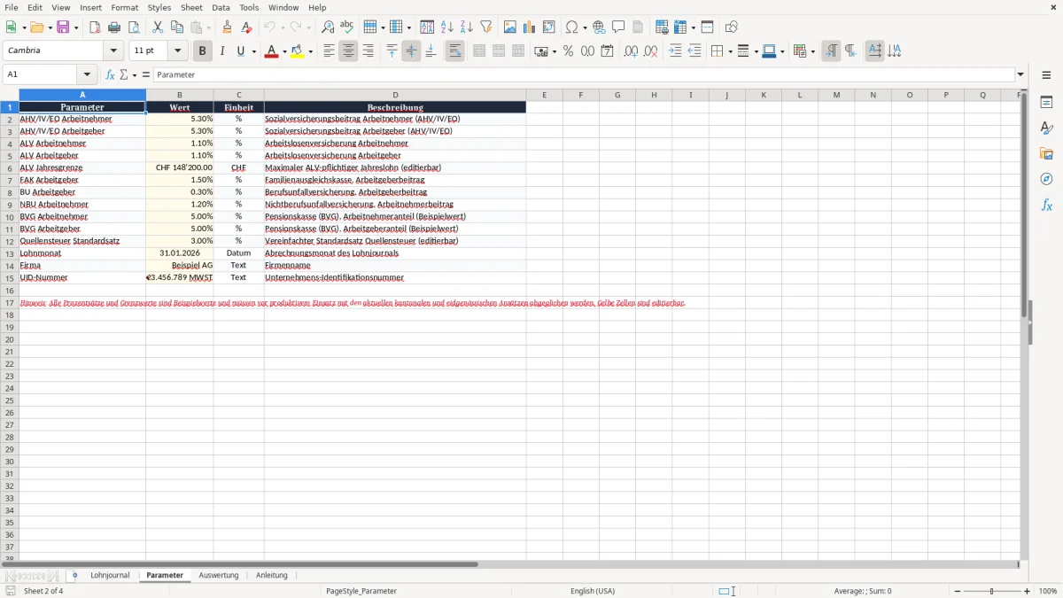 Screenshot 2: Blatt Parameter - Excel-Vorlage lohnjournal excel vorlage schweiz