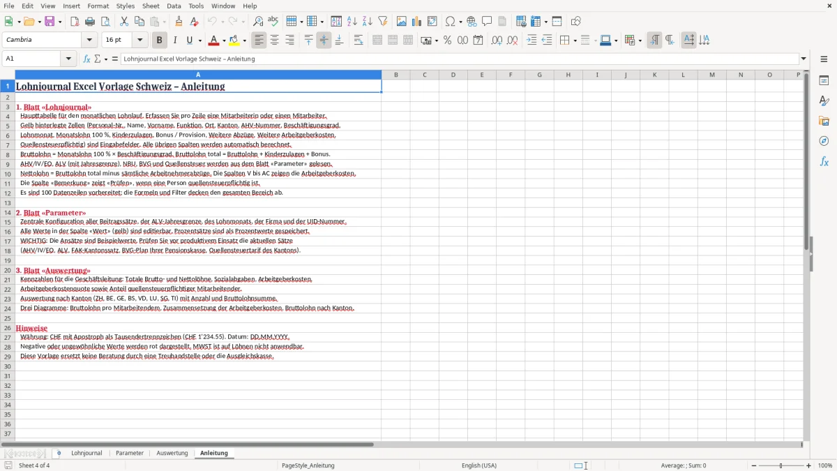 Screenshot 4: Blatt Anleitung - Excel-Vorlage lohnjournal excel vorlage schweiz