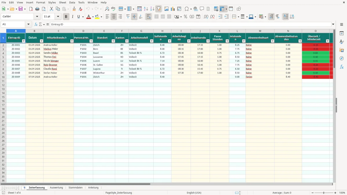 Screenshot 1: Blatt Zeiterfassung - Excel-Vorlage arbeitszeiterfassung excel vorlage schweiz