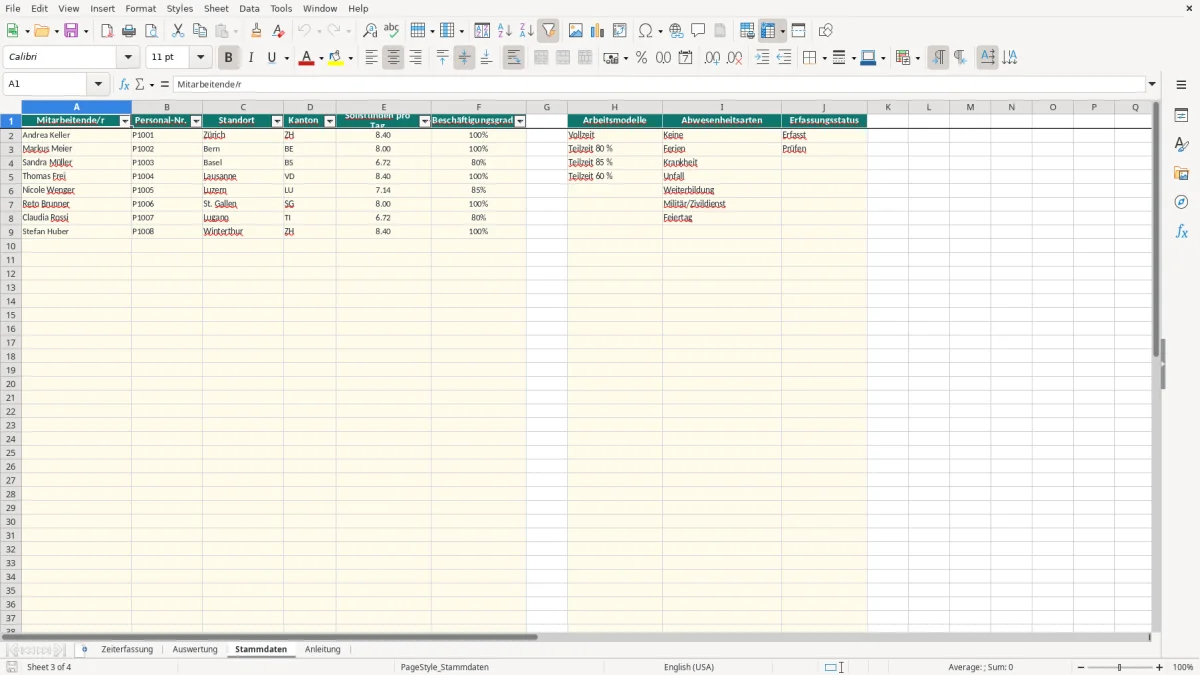 Screenshot 3: Blatt Stammdaten - Excel-Vorlage arbeitszeiterfassung excel vorlage schweiz