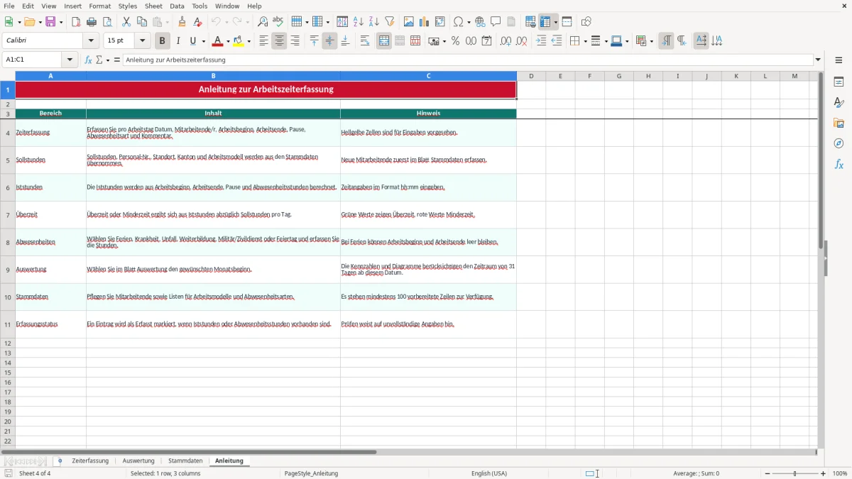Screenshot 4: Blatt Anleitung - Excel-Vorlage arbeitszeiterfassung excel vorlage schweiz