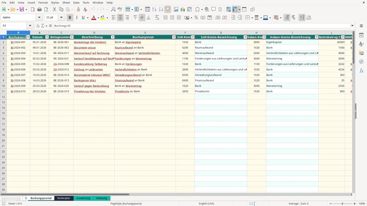 Screenshot 1: Blatt Buchungsjournal - Excel-Vorlage doppelte buchhaltung excel vorlage schweiz