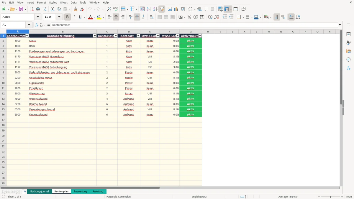 Screenshot 2: Blatt Kontenplan - Excel-Vorlage doppelte buchhaltung excel vorlage schweiz