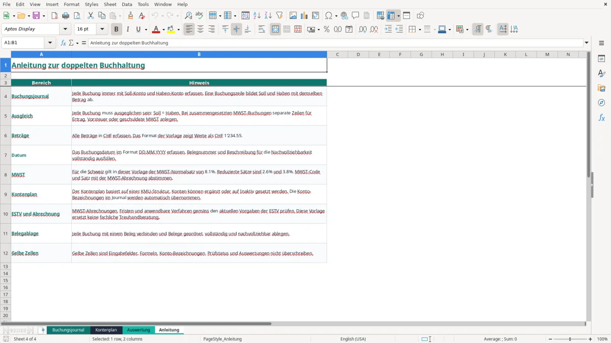 Screenshot 4: Blatt Anleitung - Excel-Vorlage doppelte buchhaltung excel vorlage schweiz