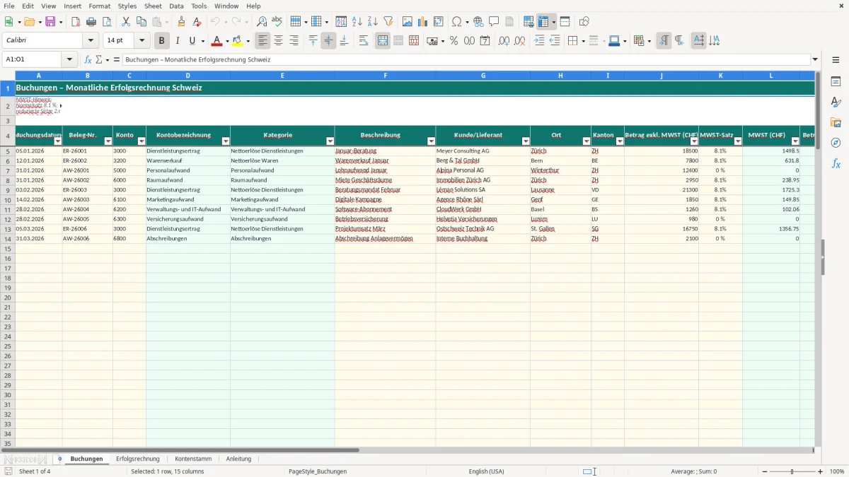 Screenshot 1: Blatt Buchungen - Excel-Vorlage erfolgsrechnung vorlage excel schweiz