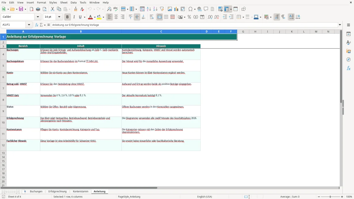 Screenshot 4: Blatt Anleitung - Excel-Vorlage erfolgsrechnung vorlage excel schweiz