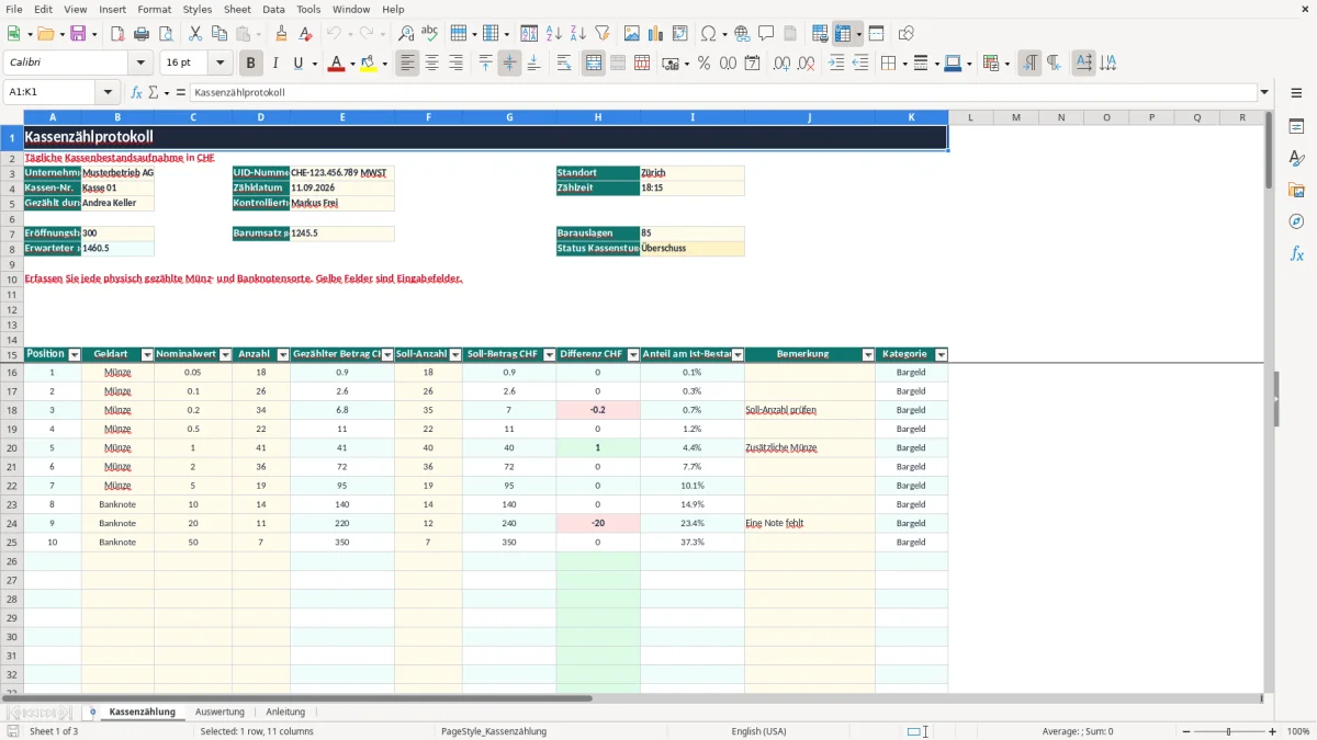 Screenshot 1: Blatt Kassenzählung - Excel-Vorlage kassenzählprotokoll excel vorlage kostenlos schweiz