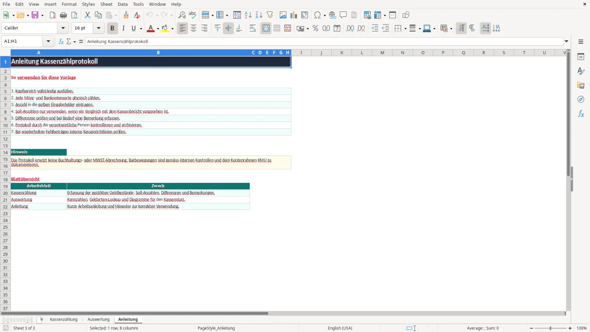 Screenshot 3: Blatt Anleitung - Excel-Vorlage kassenzählprotokoll excel vorlage kostenlos schweiz