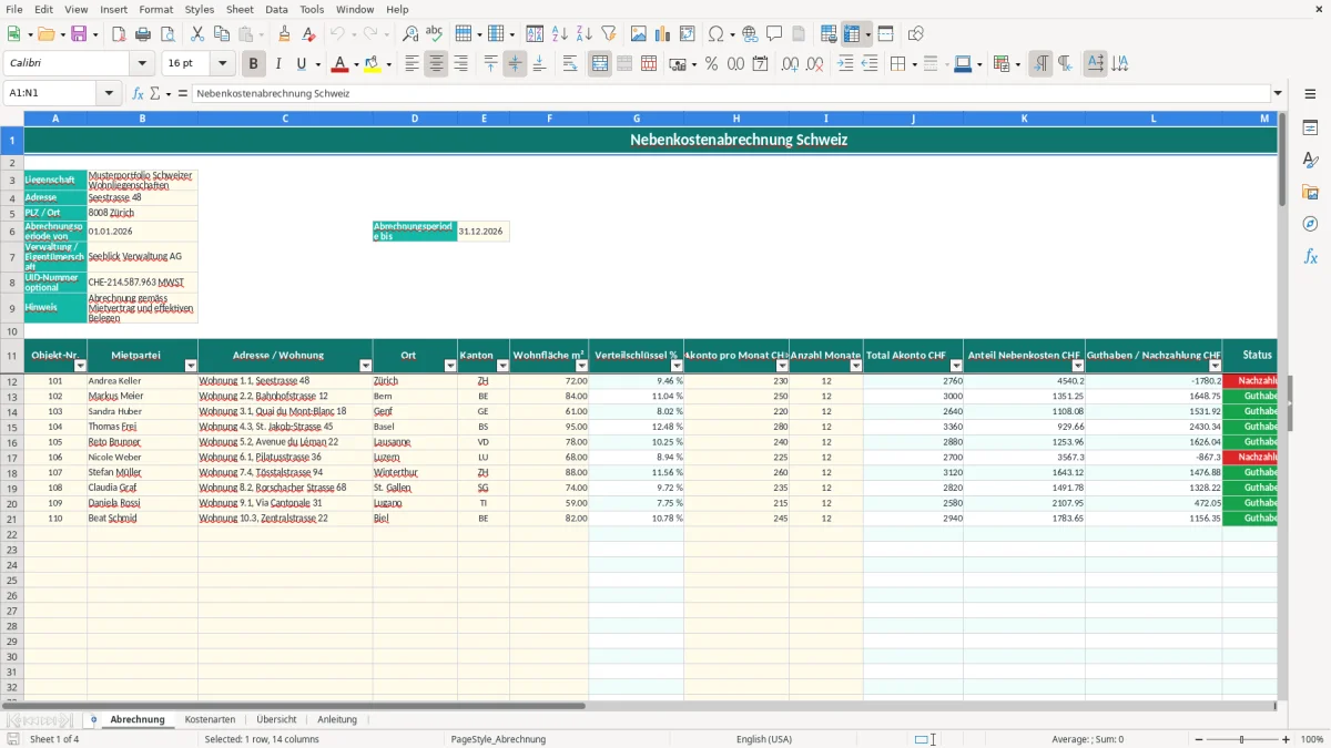 Screenshot 1: Blatt Abrechnung - Excel-Vorlage vorlage nebenkostenabrechnung schweiz excel