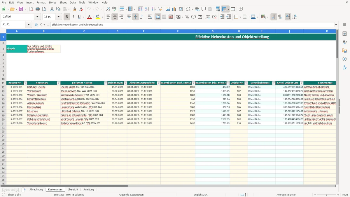 Screenshot 2: Blatt Kostenarten - Excel-Vorlage vorlage nebenkostenabrechnung schweiz excel