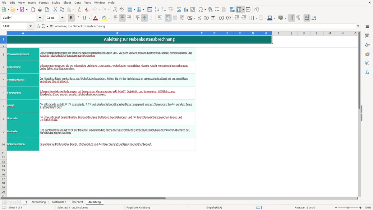Screenshot 4: Blatt Anleitung - Excel-Vorlage vorlage nebenkostenabrechnung schweiz excel