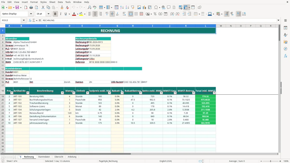 Screenshot 1: Blatt Rechnung - Excel-Vorlage vorlage rechnung schweiz excel