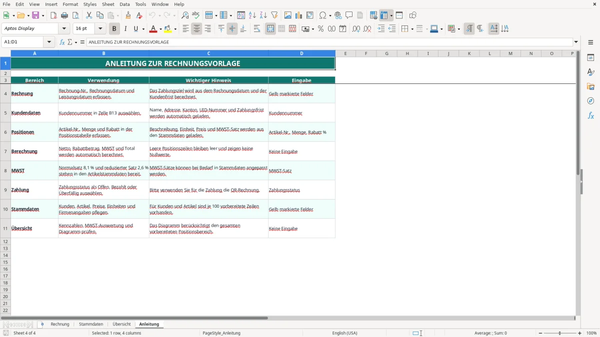 Screenshot 4: Blatt Anleitung - Excel-Vorlage vorlage rechnung schweiz excel